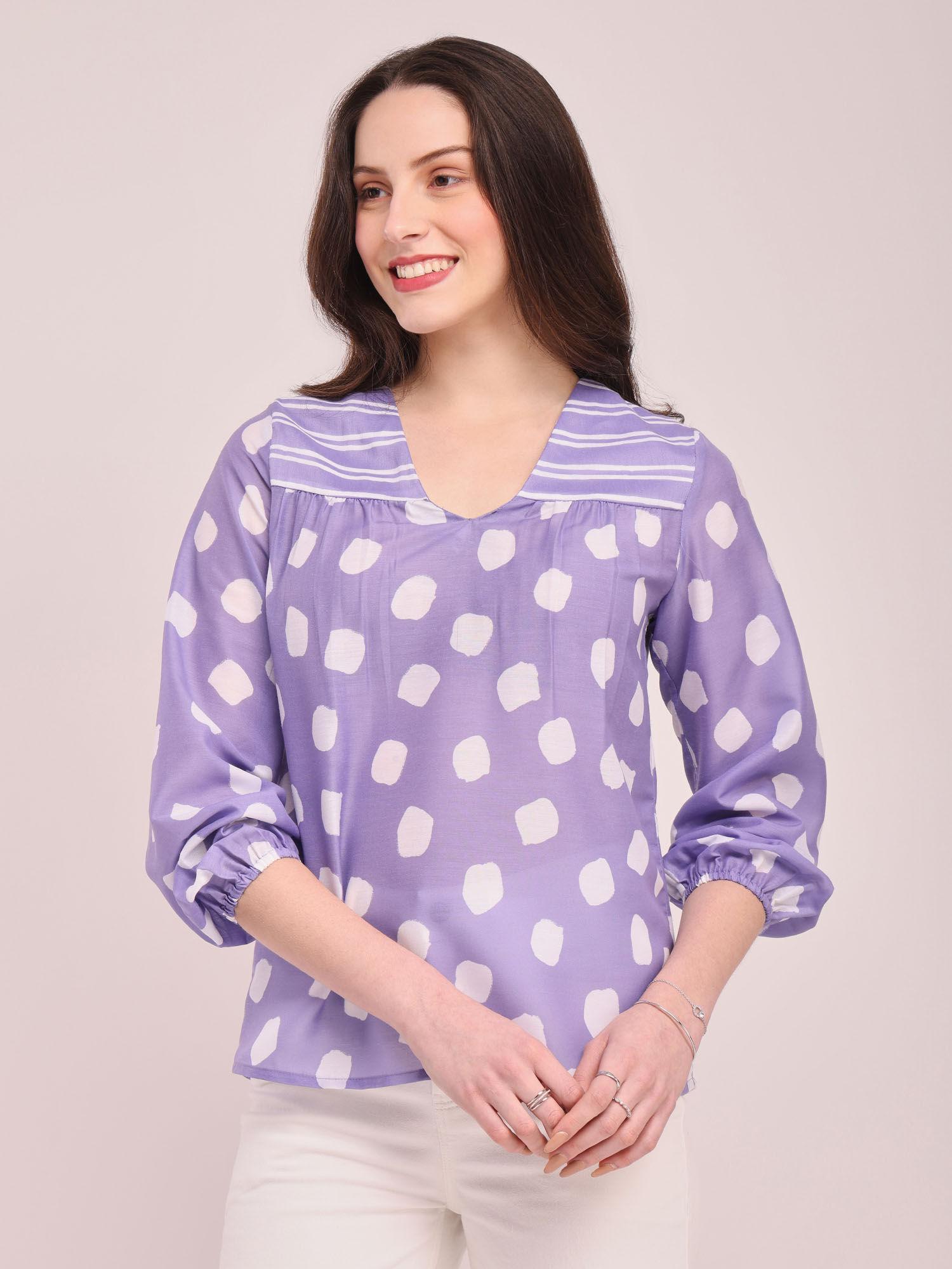 polka print v-neck top - lavender