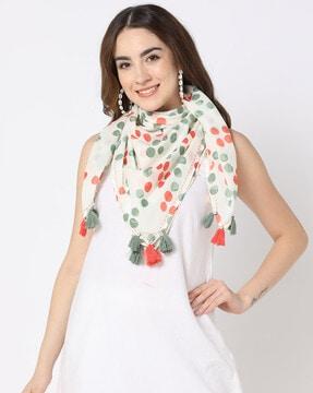 polka printed stole with kantha stitch & tassel detail