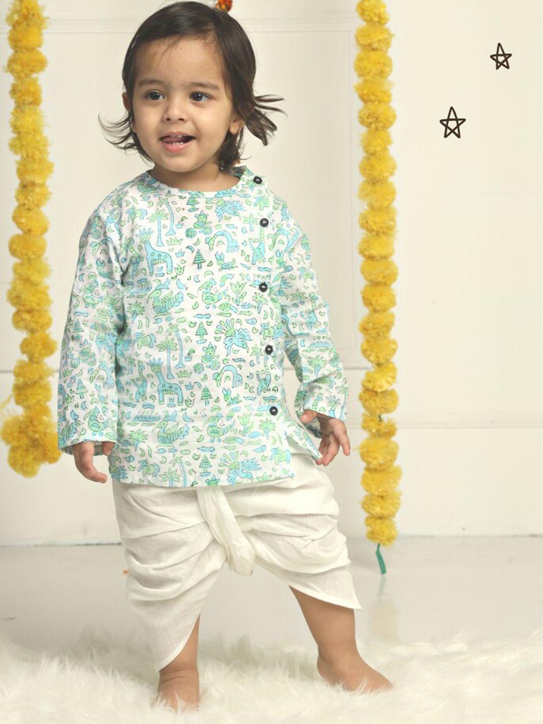 polka tot kids round neck long sleeves floral printed angrakha kurta with dhoti pants