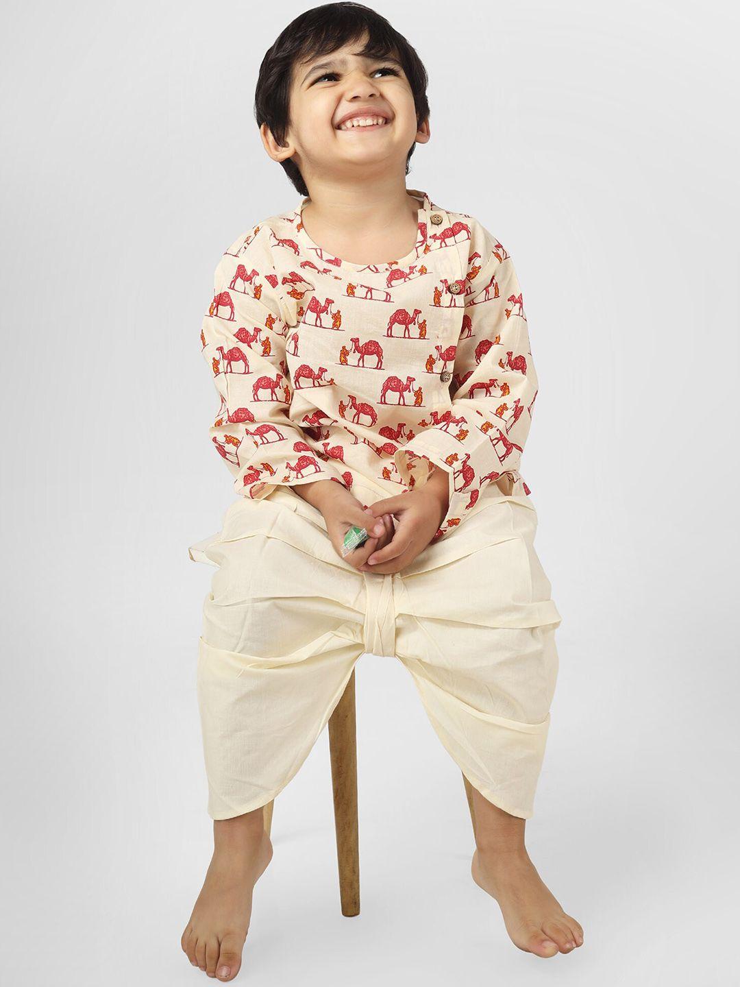 polka tots boys animal printed cotton regular kurta with dhoti pants