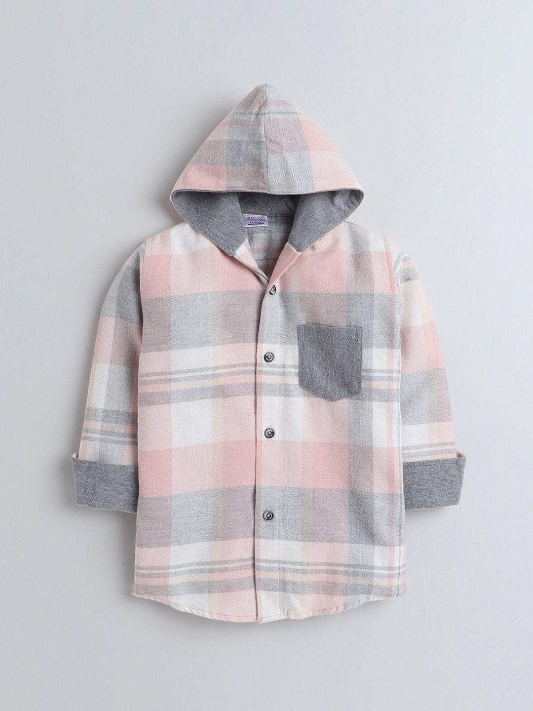polka tots boys classic checked hooded cotton casual shirt