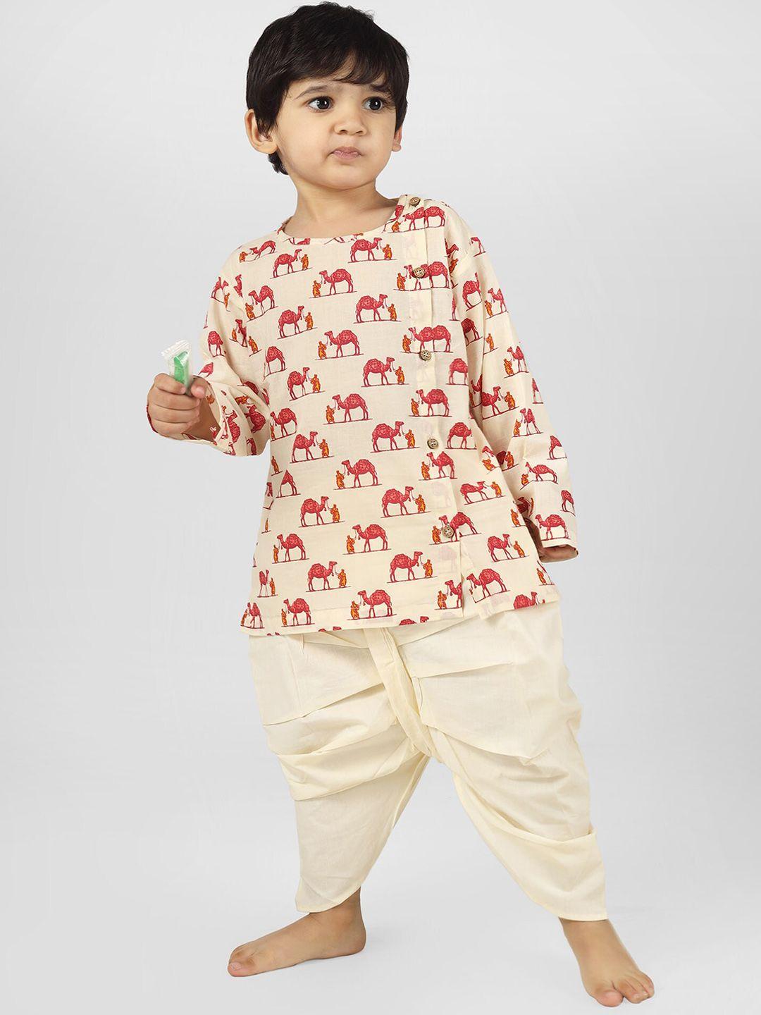 polka tots boys quirky printed round neck cotton angrakha kurta with dhoti pant