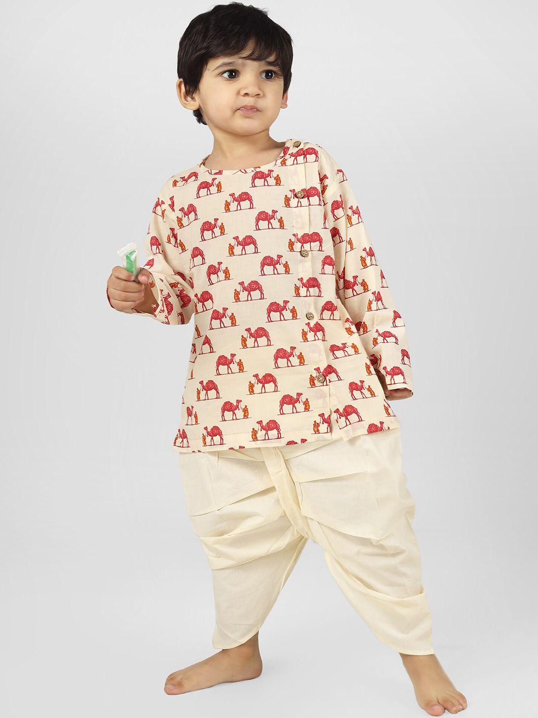 polka tots boys quirky printed round neck cotton angrakha kurta with dhoti pant