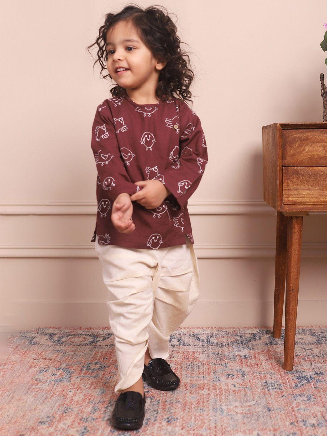 polka tots boys round neck long sleeves animal printed straight kurta with dhoti pants