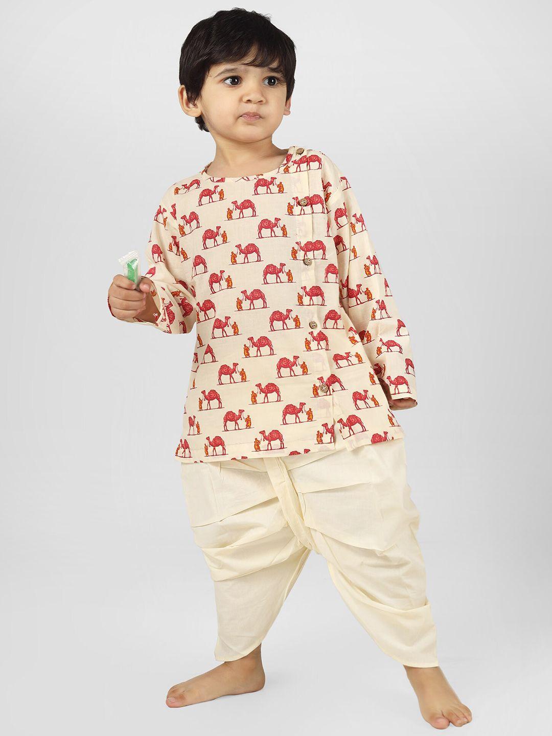 polka tots boys round neck long sleeves animal printed straight kurta with dhoti pants