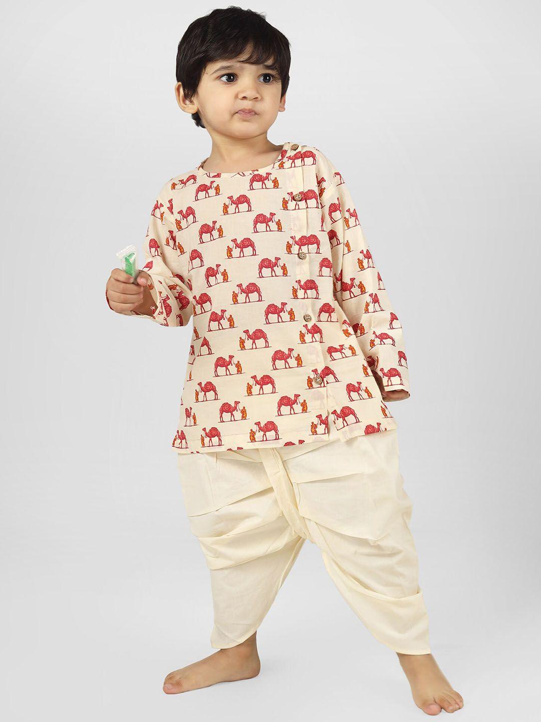 polka tots boys round neck long sleeves animal printed straight kurta with dhoti pants