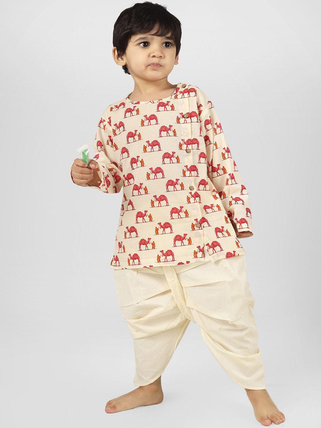 polka tots kids round neck long sleeves animal printed angrakha kurta with dhoti pants