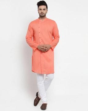 polko-dot print mandarin collar long kurta