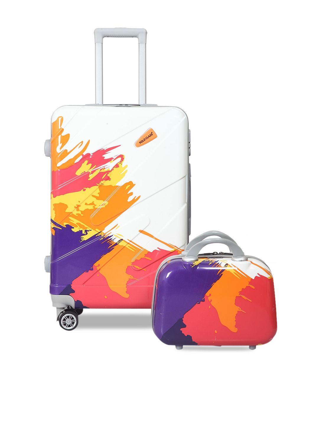 polo class orange & blue 2-pieces printed hard case luggage trolley & vanity bag set
