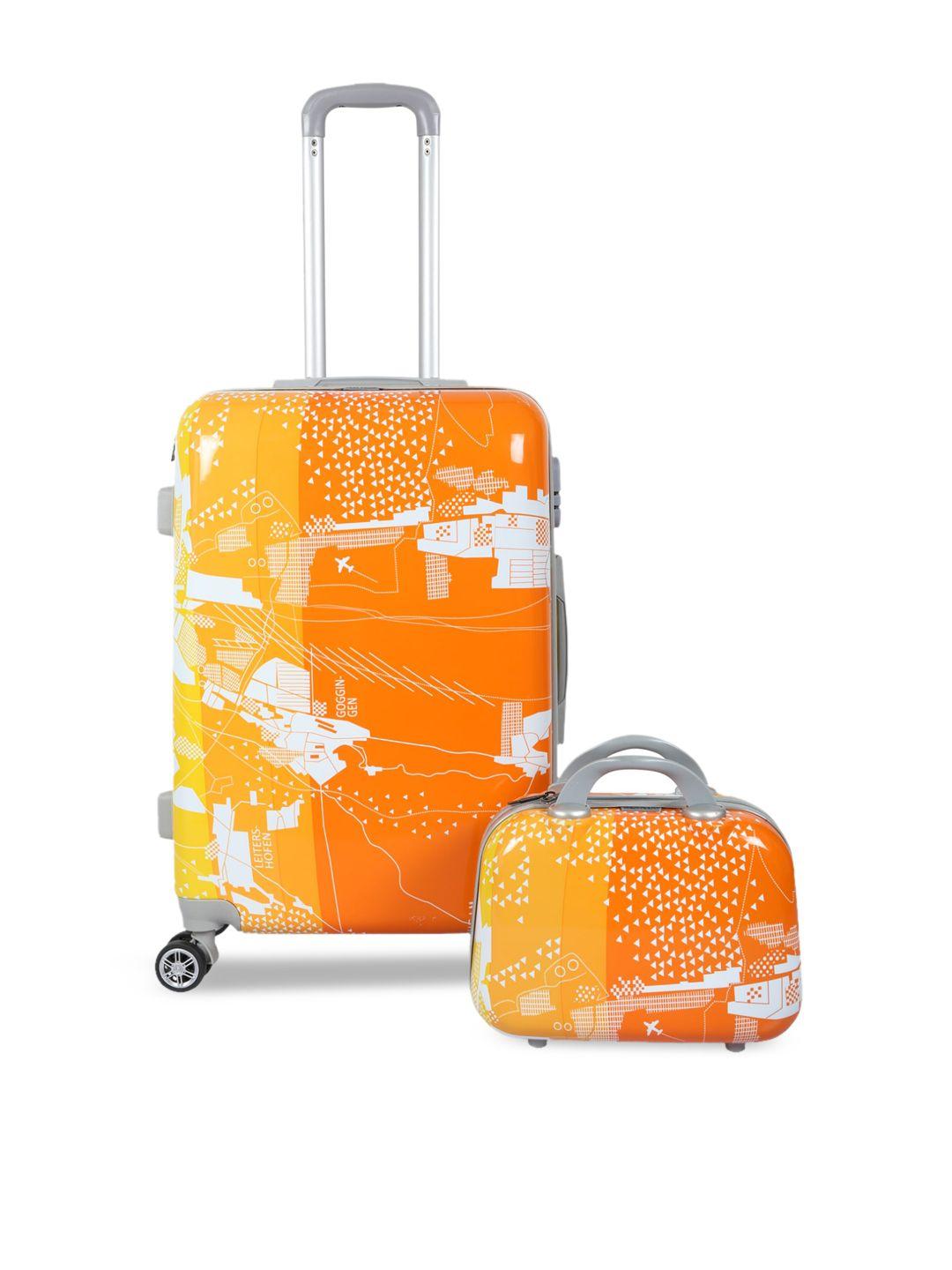 polo class orange luggage trolley bag with vanity bag