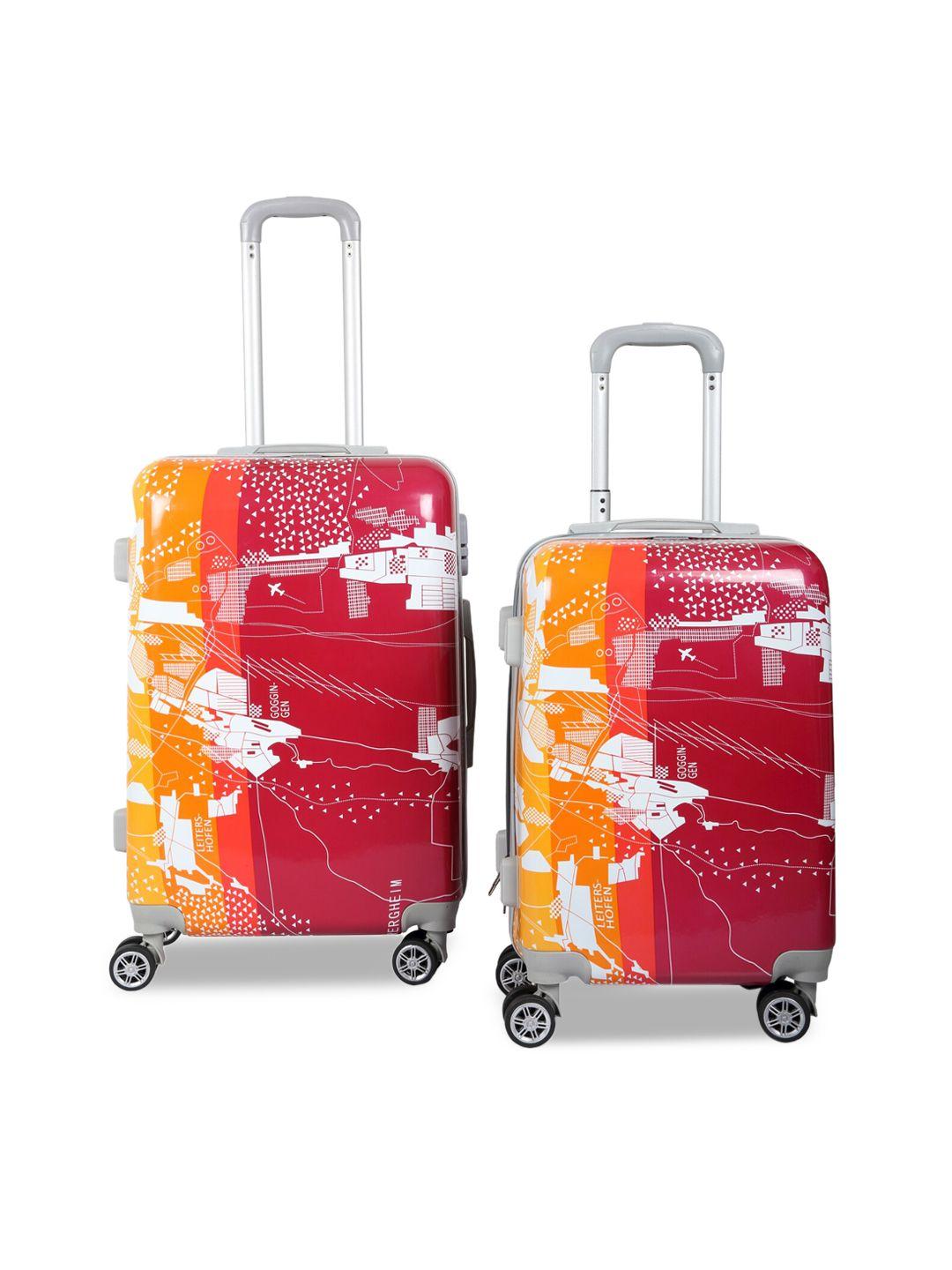 polo class red & orange set of 2 printed hard case 360 degree rotation trolley suitcases