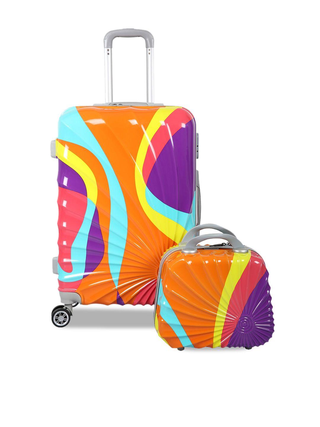 polo class unisex multicoloured printed travel luggage trolley bag with vanity bag