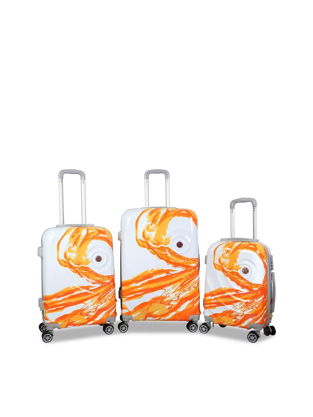 polo class unisex set of 3 orange & white printed hard luggage trolley bags