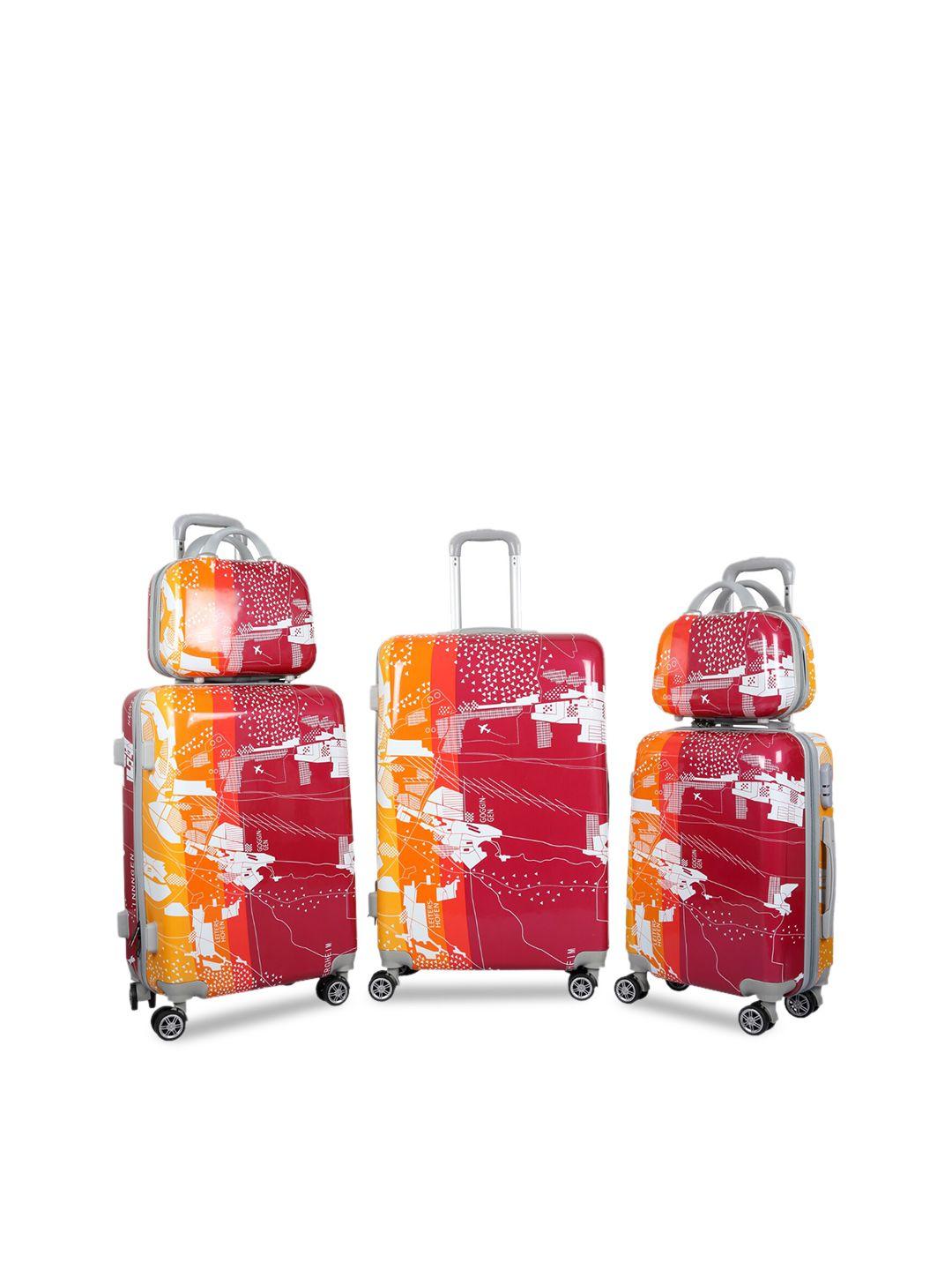 polo class unisex set of 5 orange & red printed trolley & vanity bags