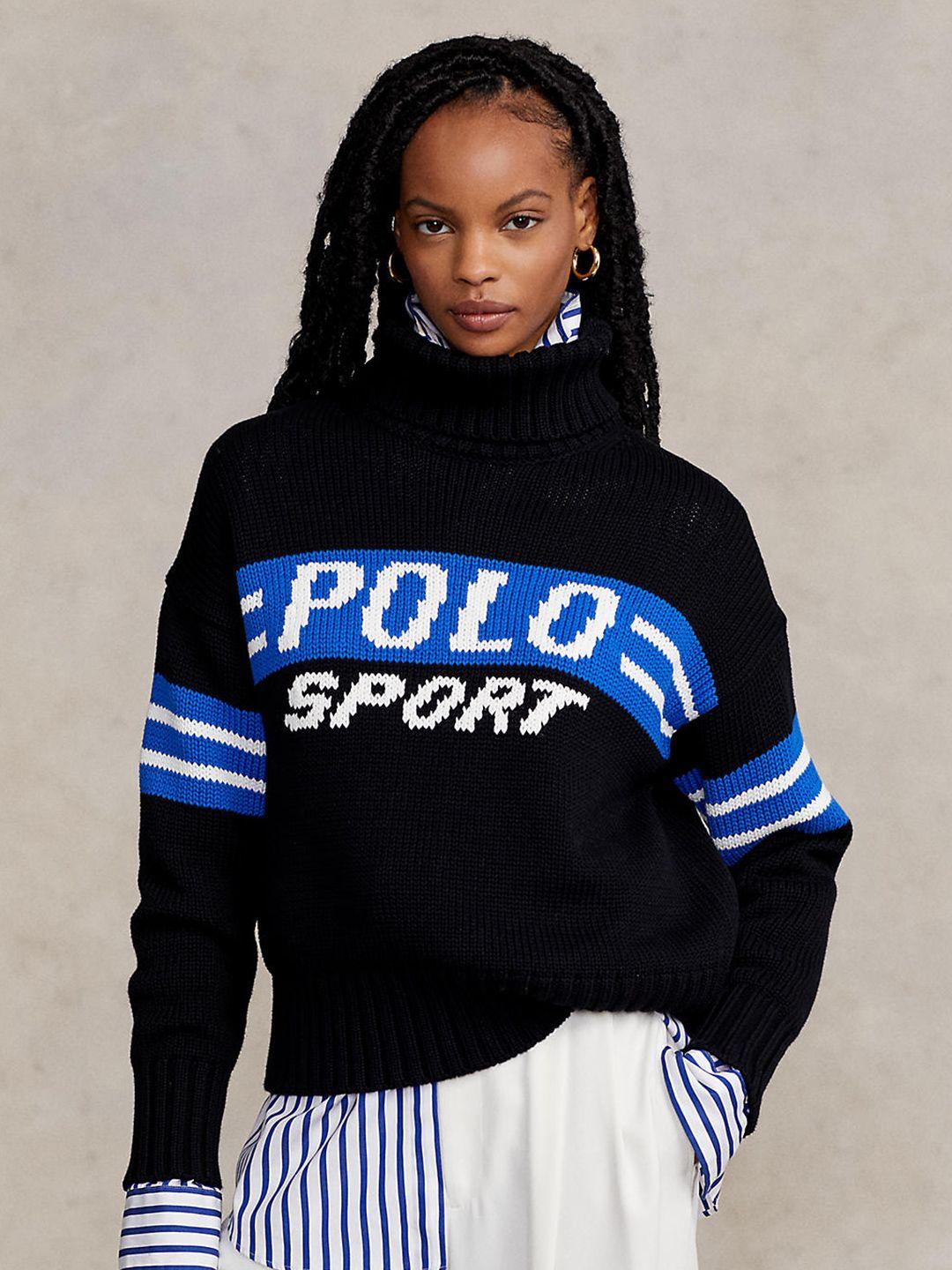 polo ralph lauren women black & blue typography printed pure cotton pullover