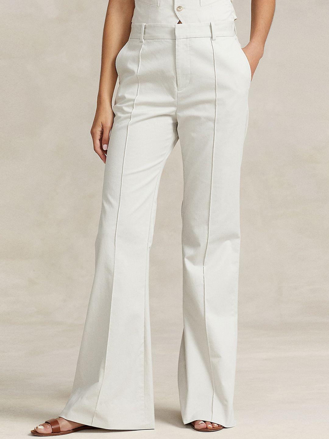 polo ralph lauren women mid rise flared plain pleated cotton bootcut trousers