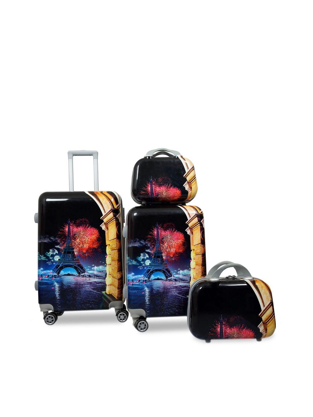 polo class black set of 2 printed hard-sided waterproof cabin trolley bag with 2 vanity