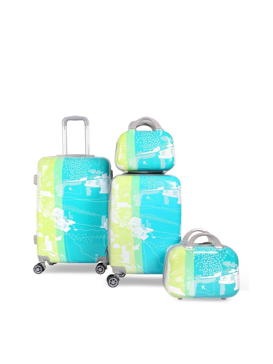 polo class green & blue 4-pieces printed hard case luggage trolley & vanity bag set