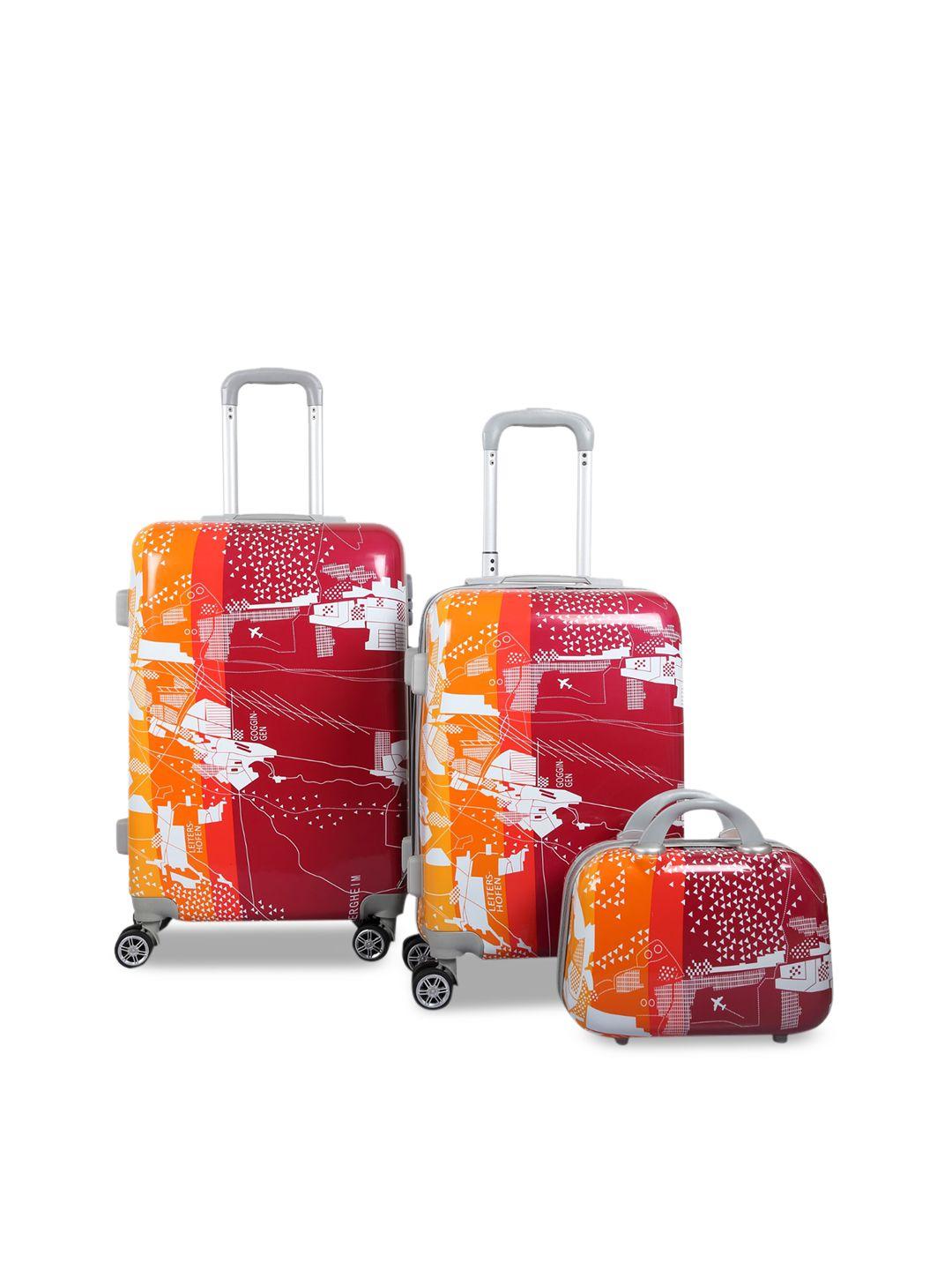 polo class red & orange 3-piece hard case printed trolley & vanity bag set