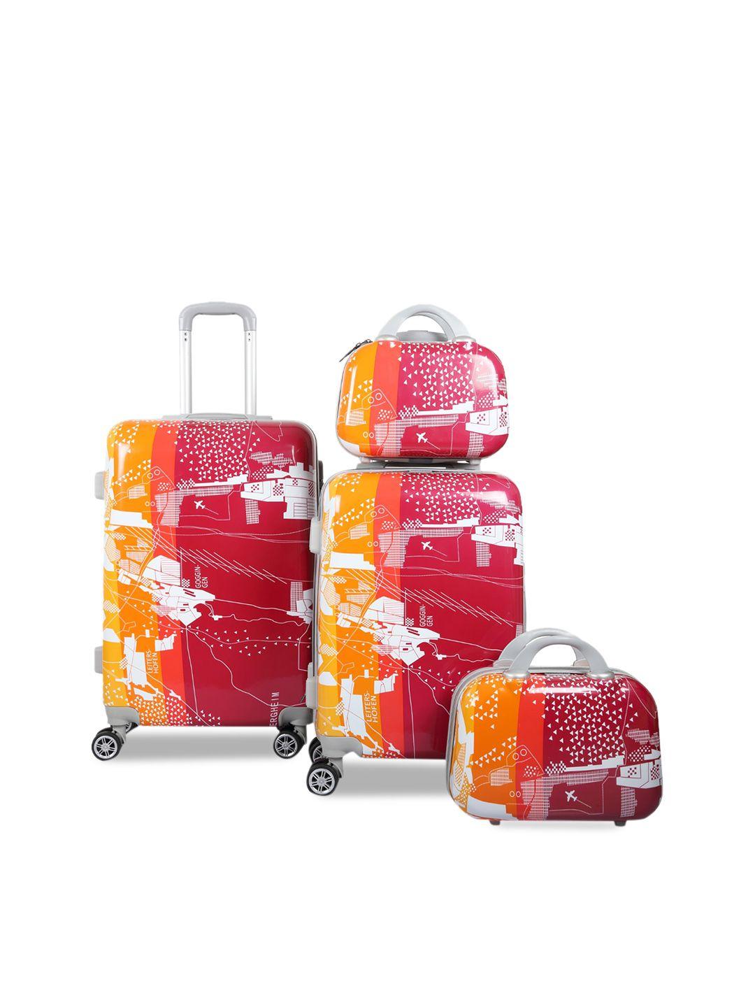 polo class red & orange 4-pieces printed hard case luggage trolley & vanity bag set