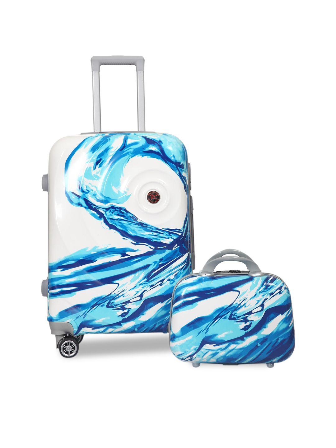 polo class set of 2 blue & white printed trolley bag with vanity bag