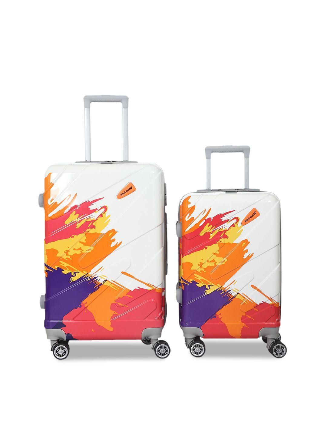 polo class set of 2 orange & white printed hard-sided medium trolley suitcase