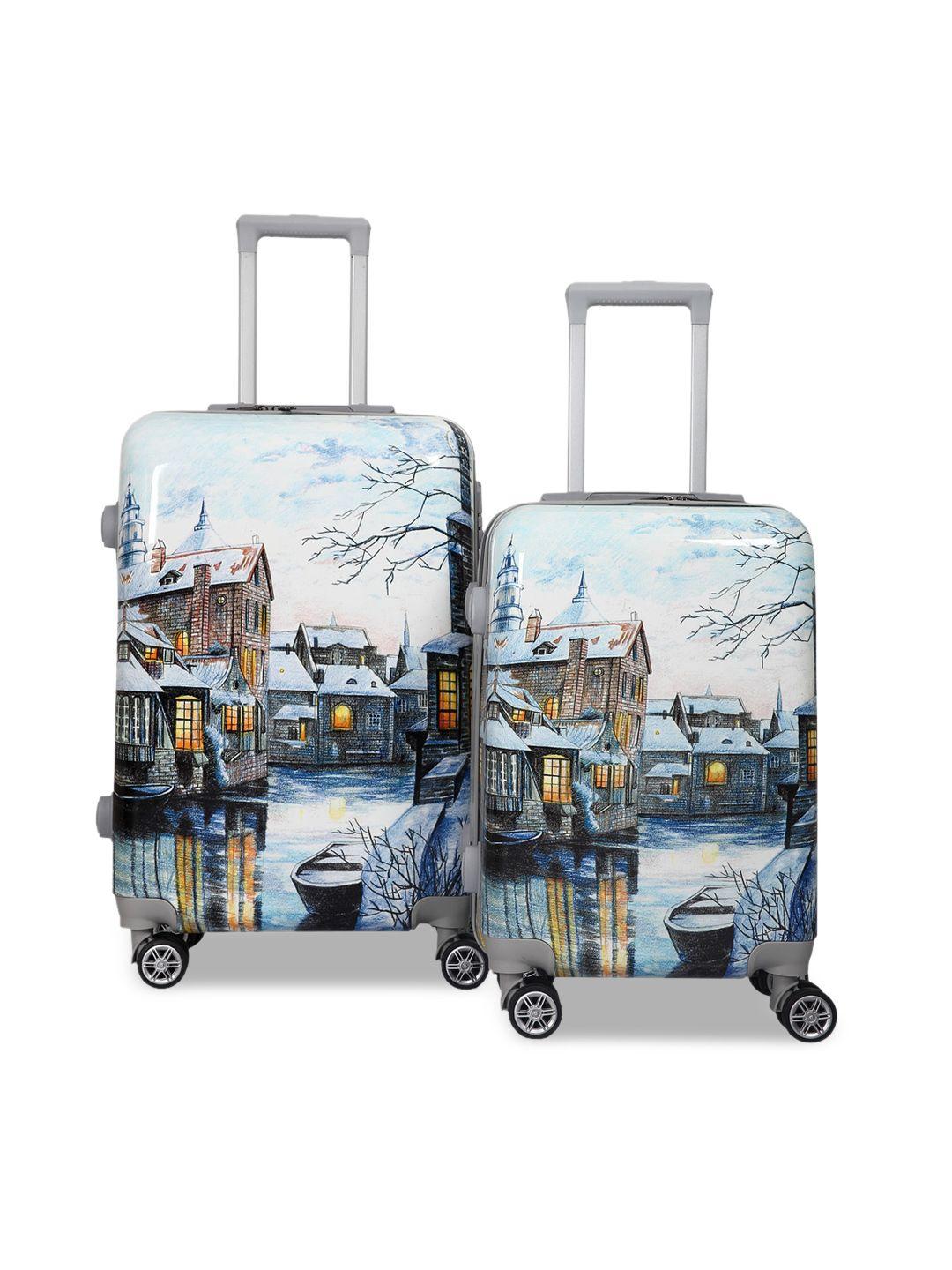 polo class set of 2 white & blue printed hard-sided trolley suitcases