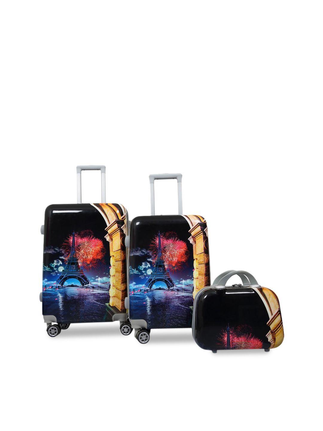 polo class set of 3 black printed trolley & vanity bag