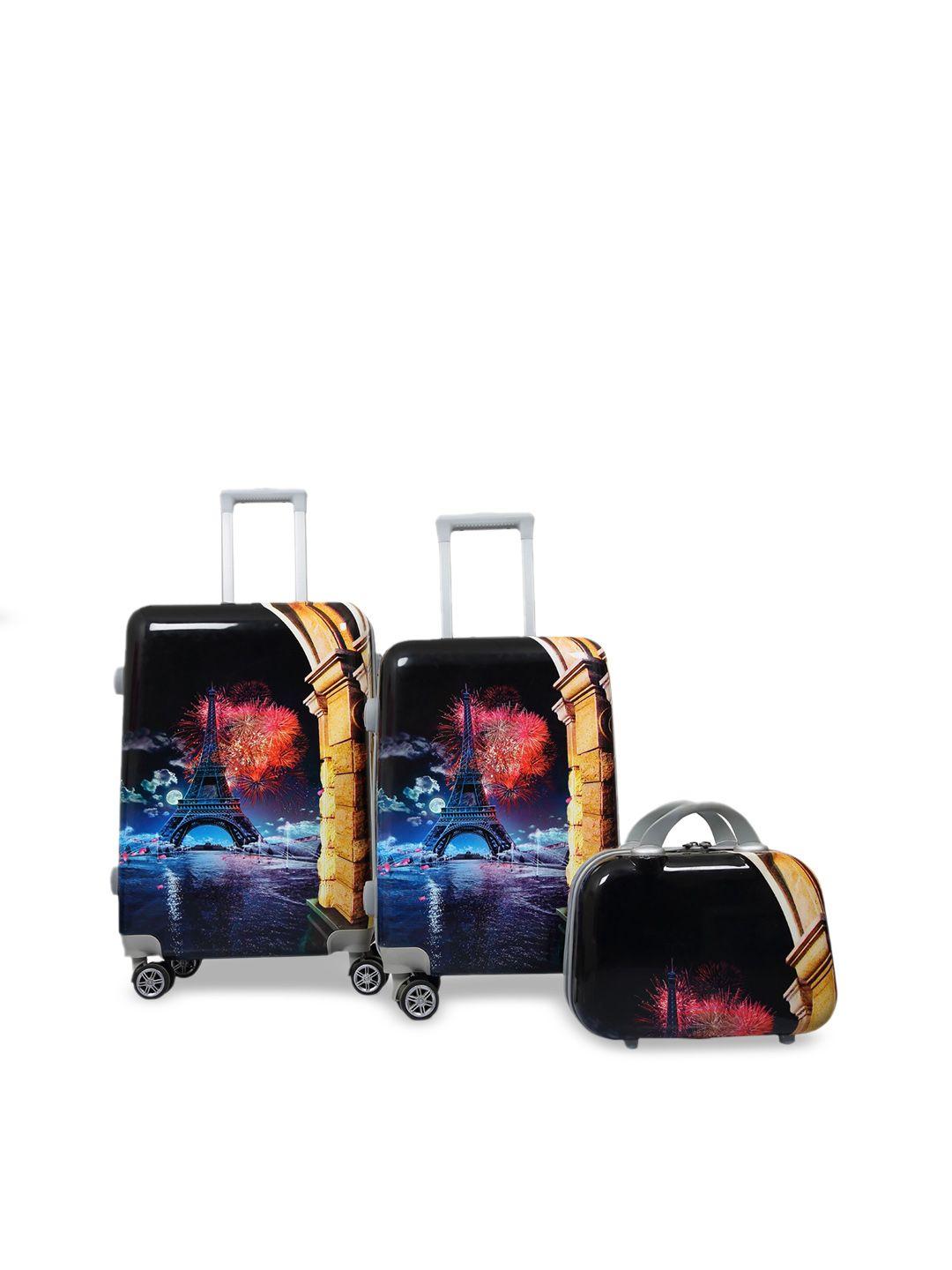 polo class set of 3 black printed trolley bags