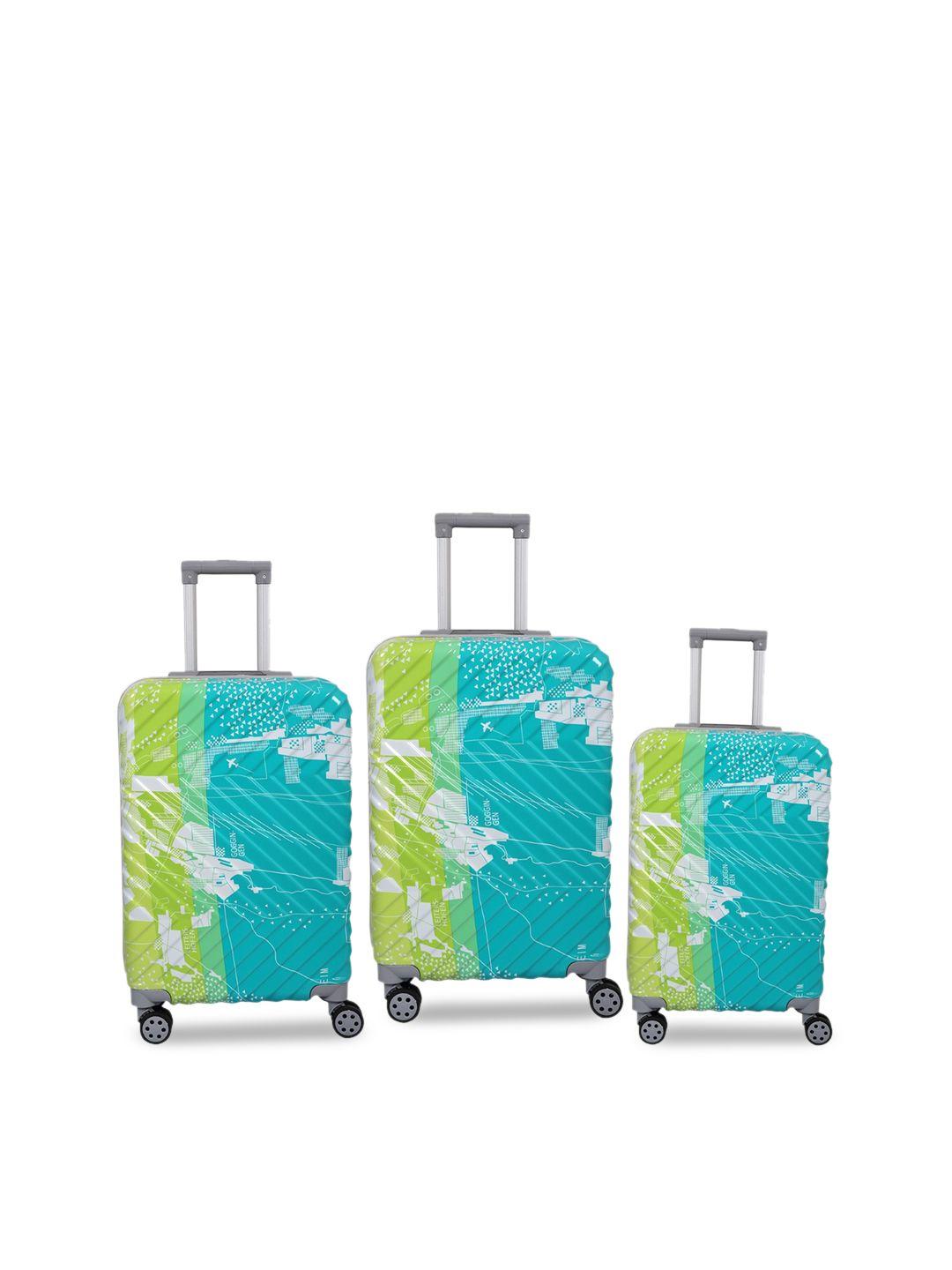 polo class set of 3 blue & green colourblocked trolley bags