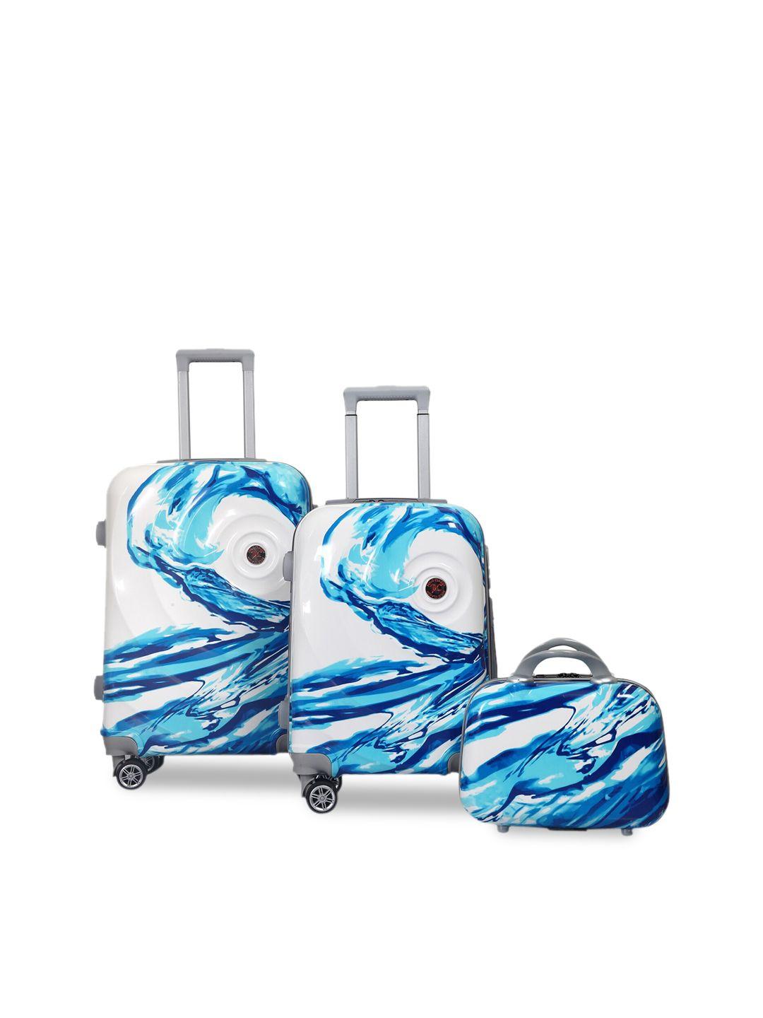 polo class set of 3 blue & white printed trolley bags with vanity bag