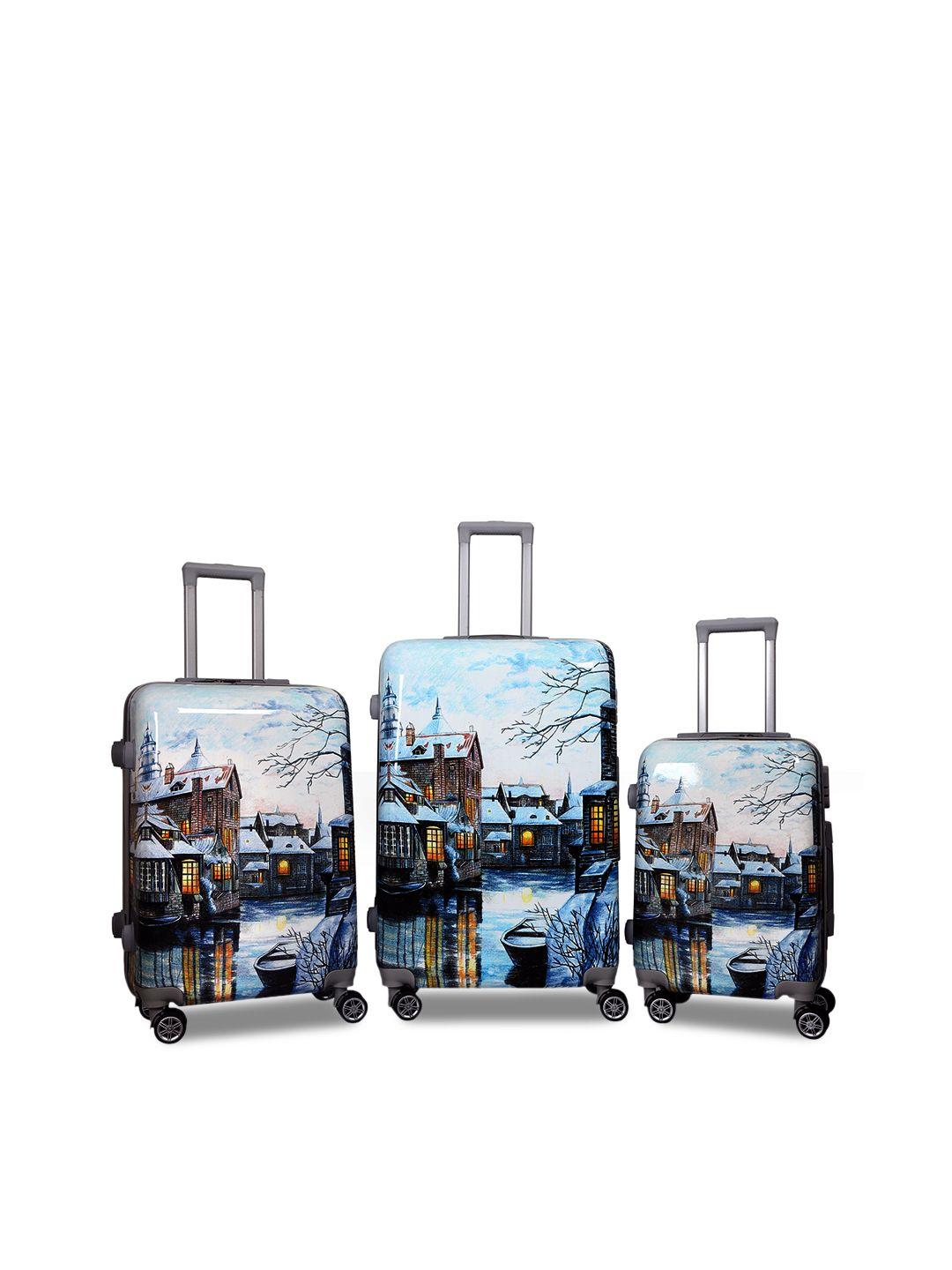 polo class set of 3 blue & white printed trolley bags