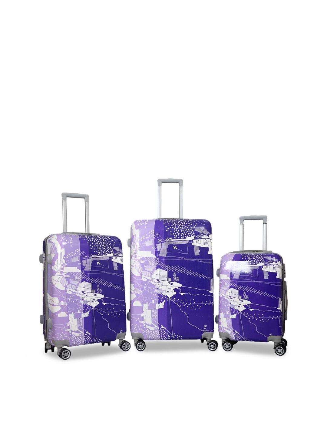 polo class set of 3 blue printed hard case 360 degree rotation trolley suitcases