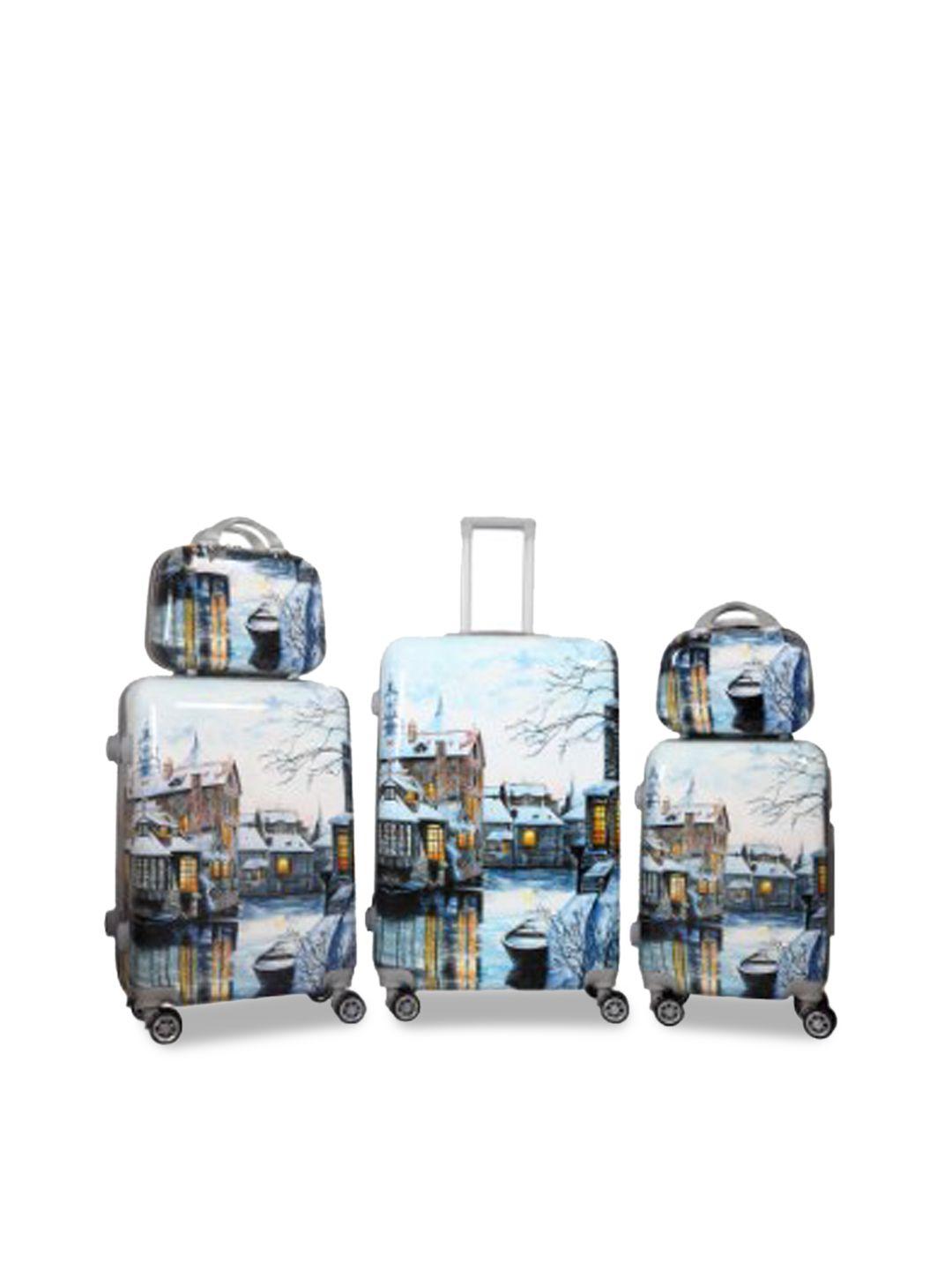 polo class set of 3 white & grey printed hard-sided trolley suitcases with 2 vanity bags