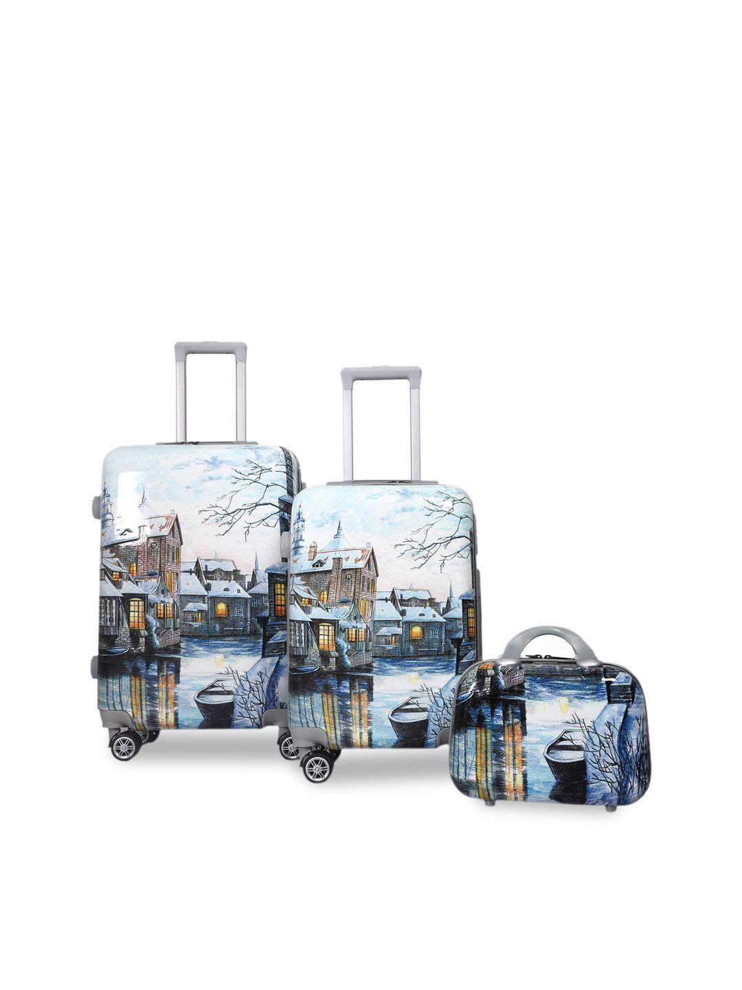 polo class set of 3 white & grey printed hard-sided trolley suitcases with vanity bag