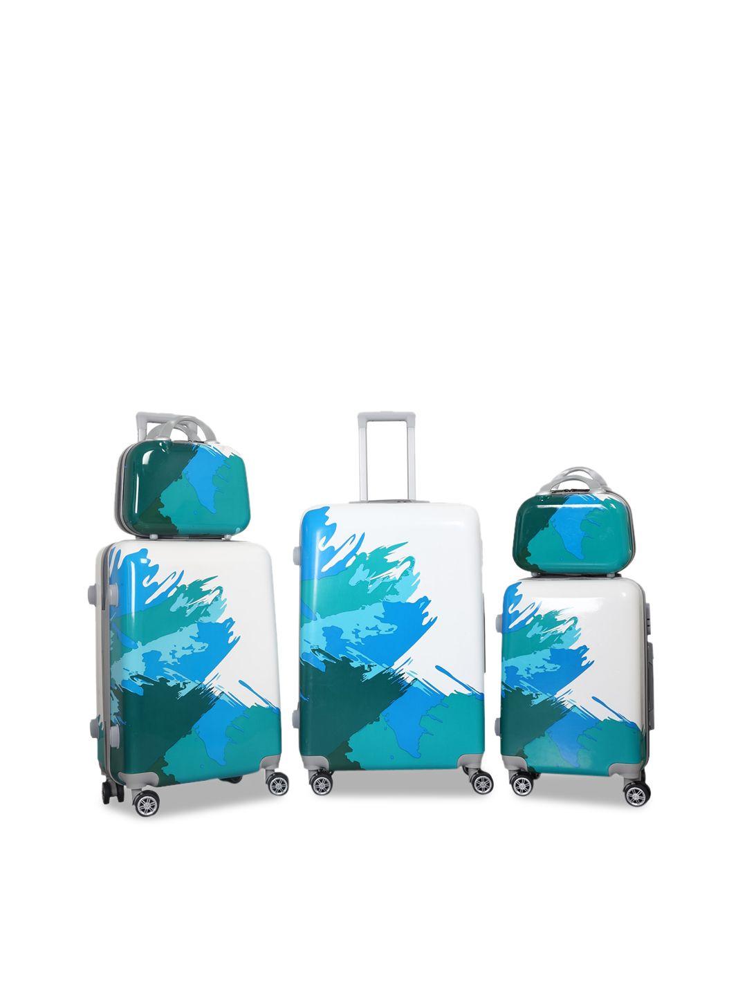 polo class set of 5 blue & green printed hard-sided trolley suitcases