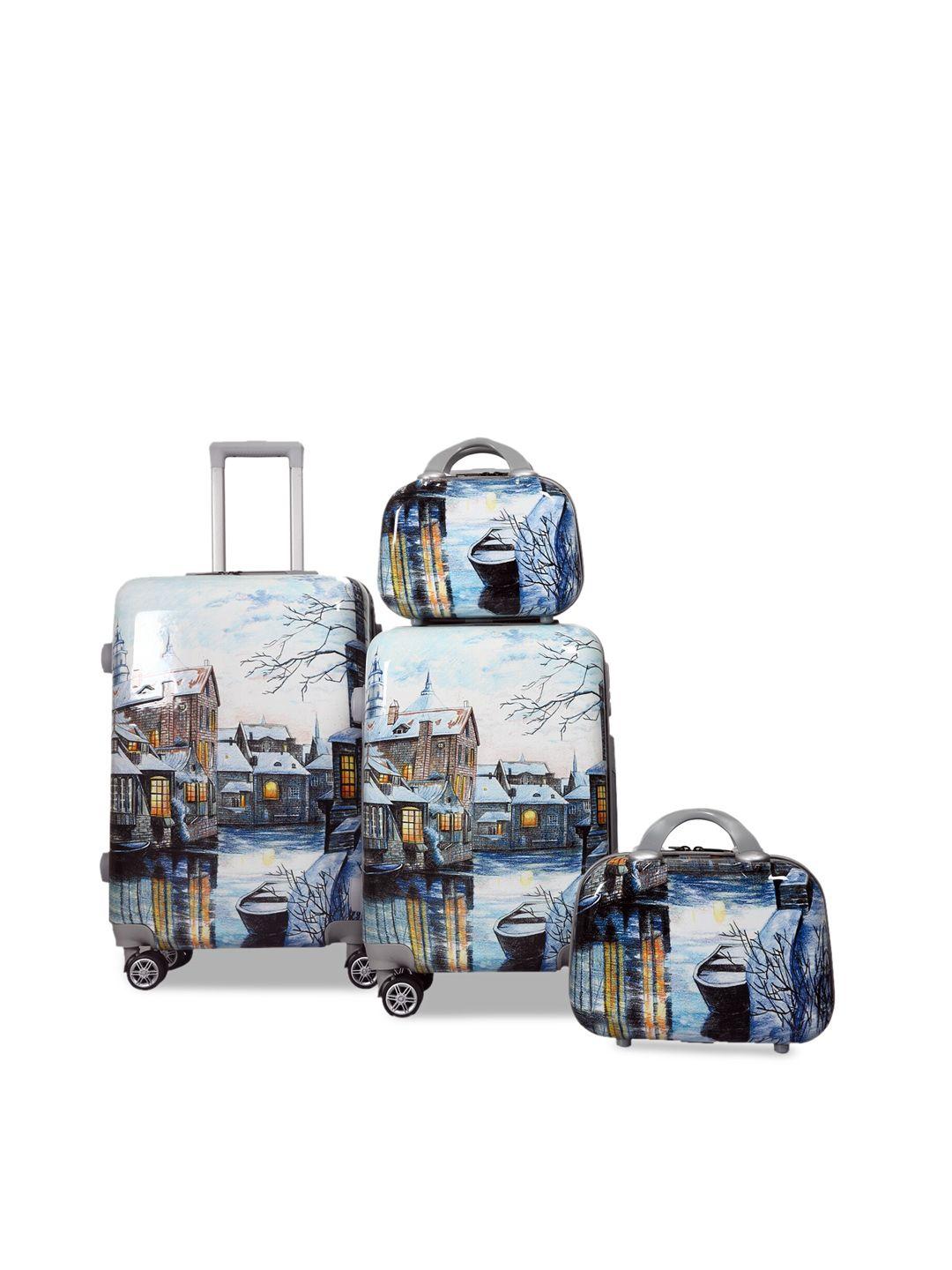 polo class set of 5 blue & white printed trolley suitcase with vanity bag