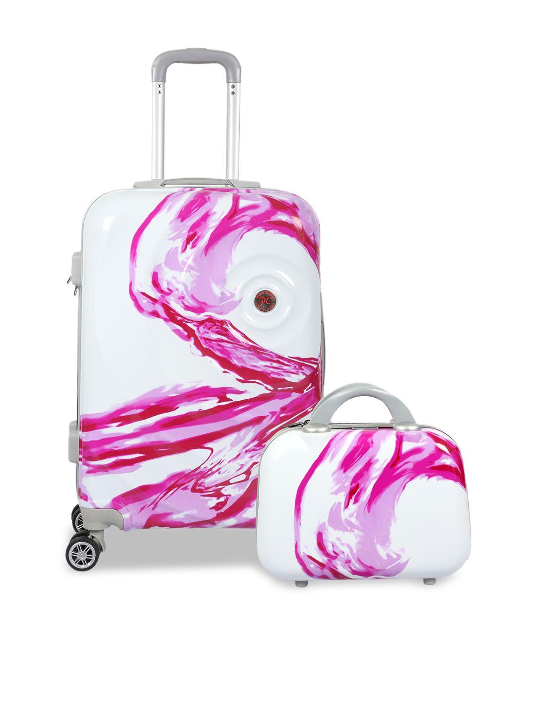 polo class unisex  pink & white printed trolley bag with vanity bag