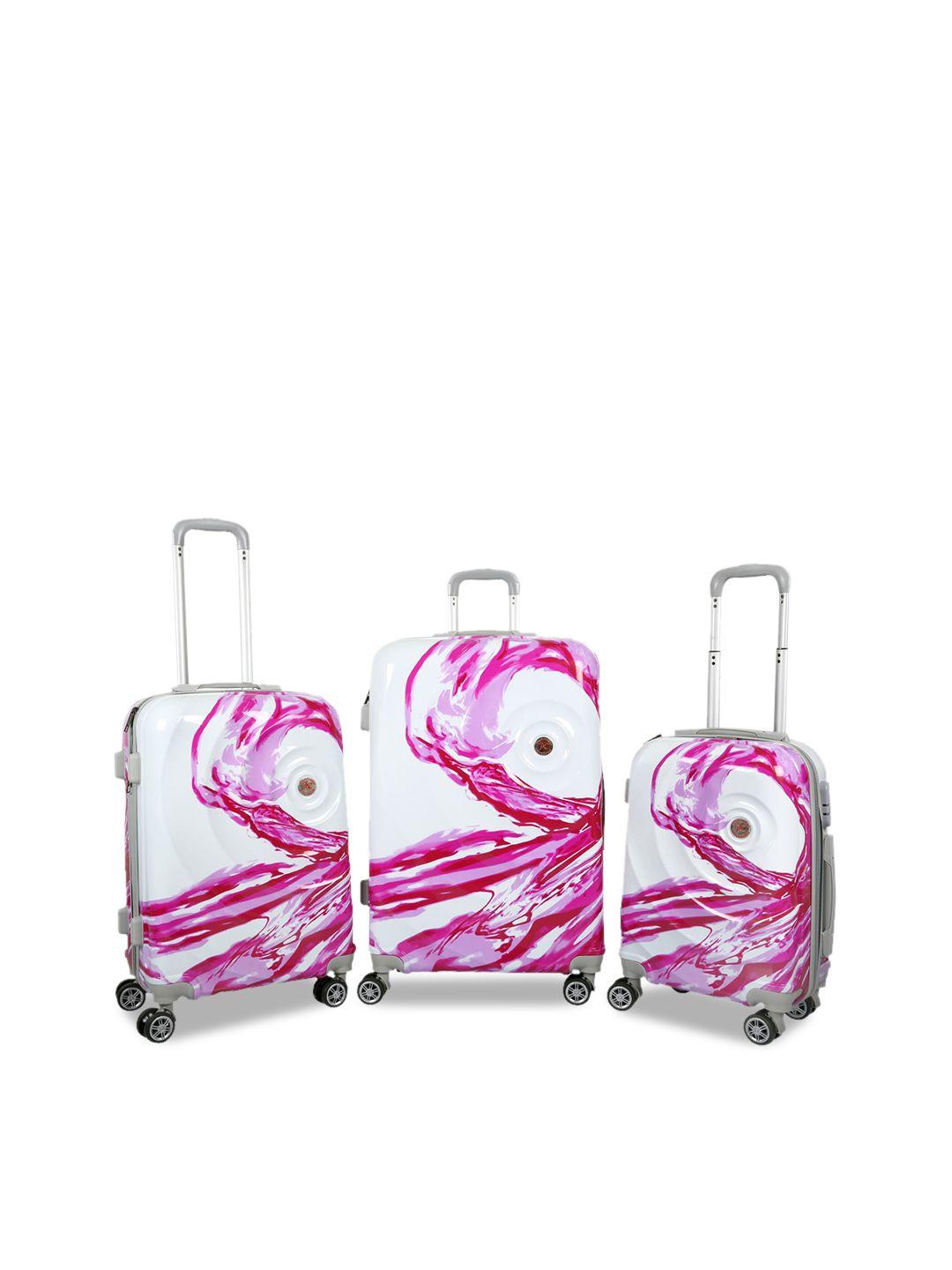 polo class unisex 3 pcs white & pink hard luggage trolley bags
