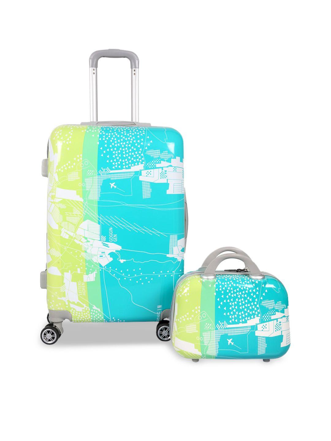 polo class unisex green & turquoise blue printed trolley bag & vanity bag set