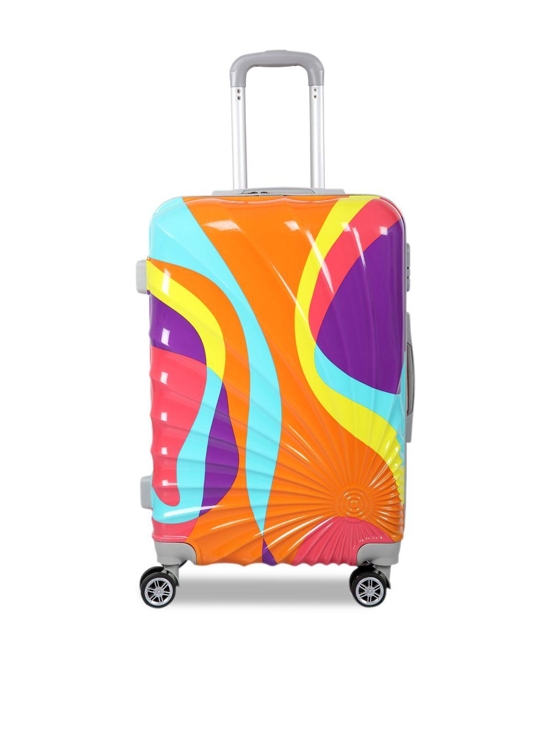 polo class unisex orange & blue printed hard side medium trolley suitcase