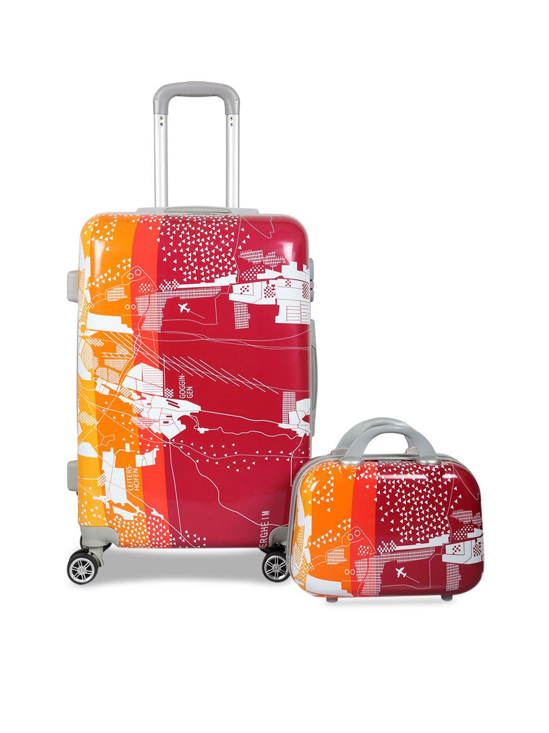 polo class unisex red & orange printed luggage trolley bag with vanity bag