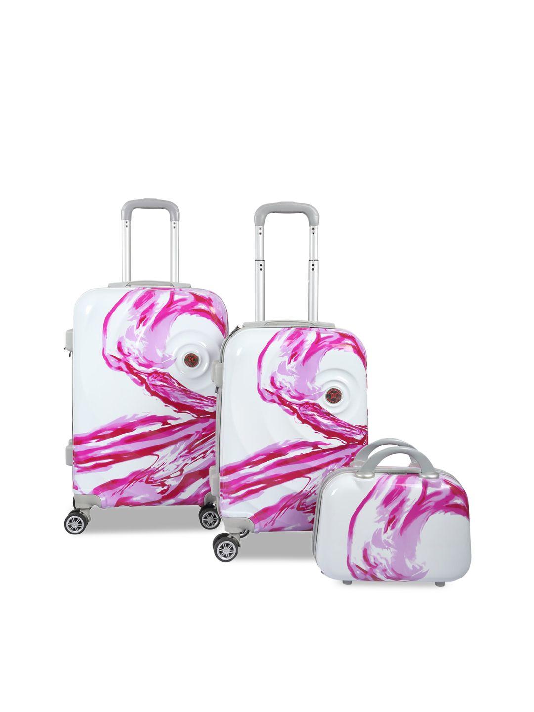 polo class unisex set of 3 pink & white printed trolley & vanity bags