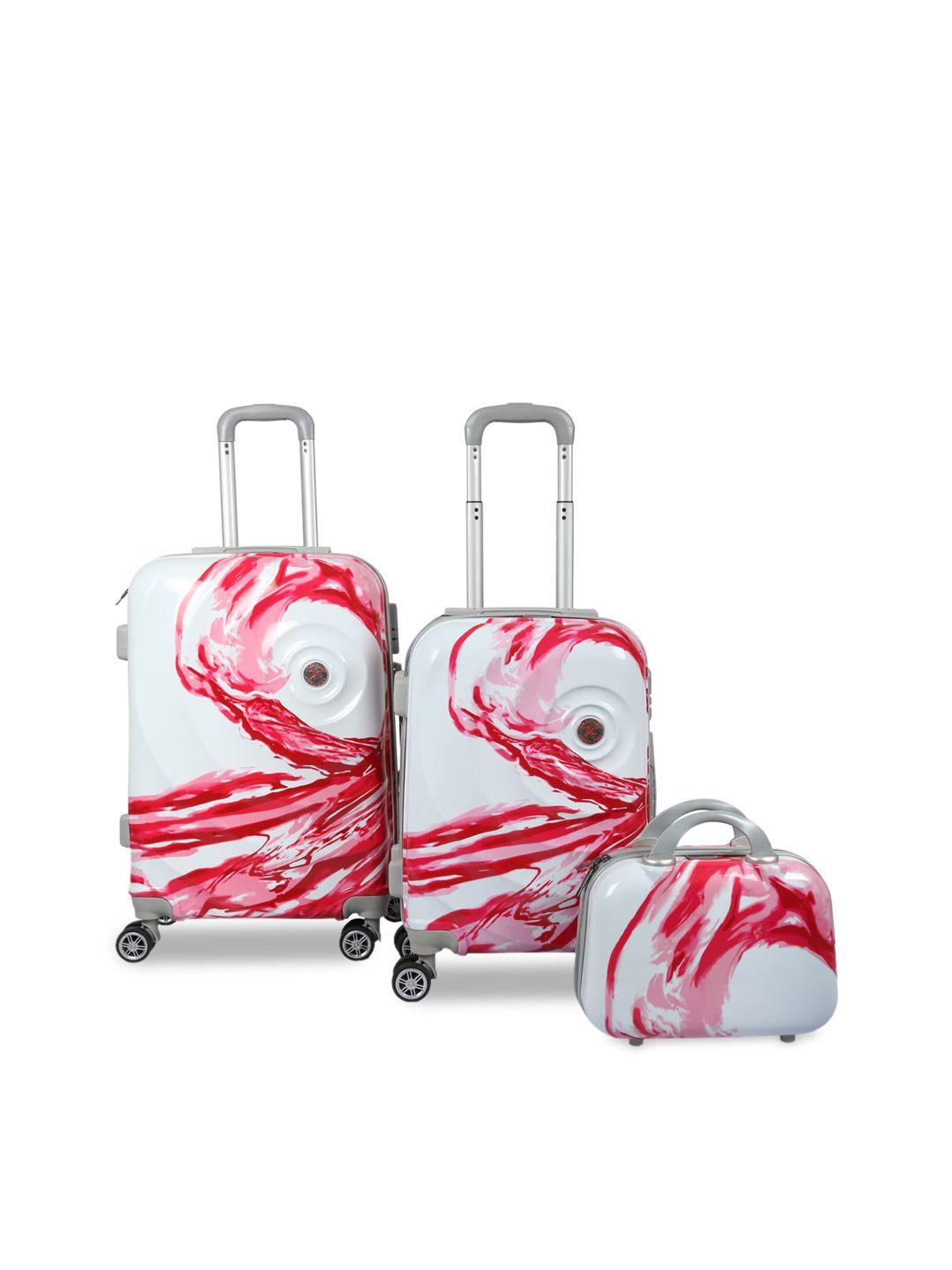 polo class unisex set of 3 red & white printed trolley & vanity bags