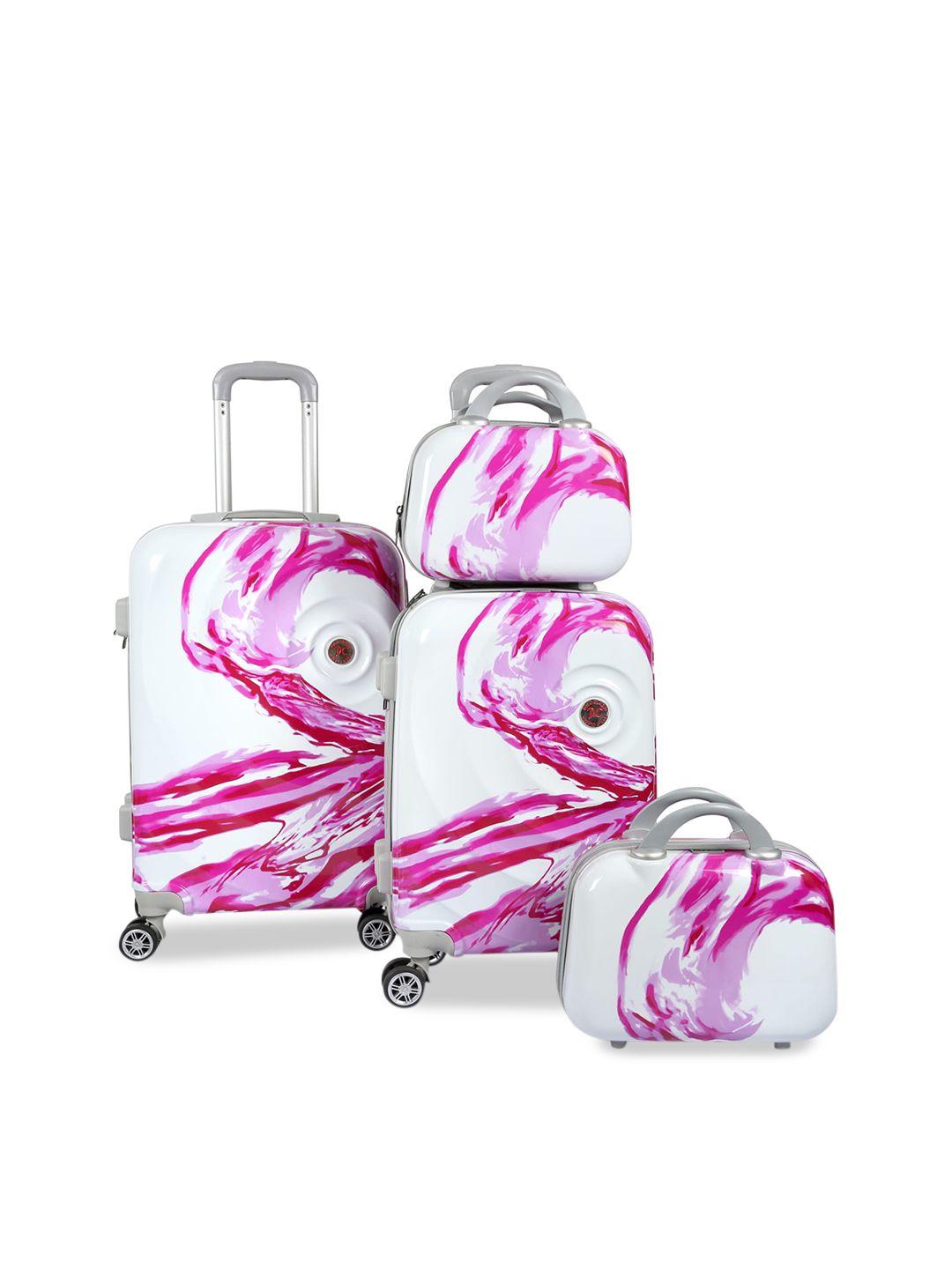 polo class unisex set of 4 pink & white printed trolley & vanity bags