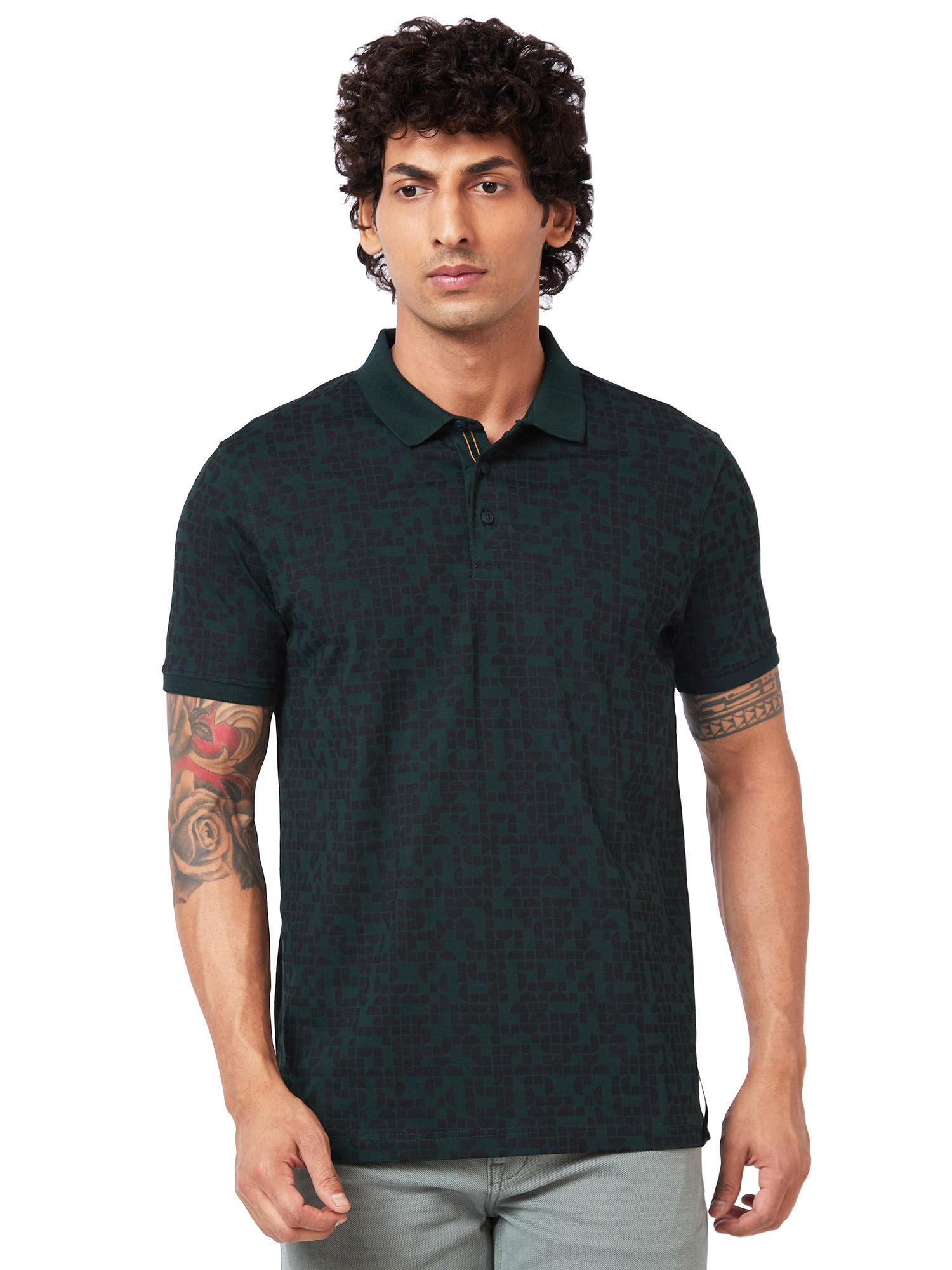 polo collar half sleeves green printed t-shirt for men