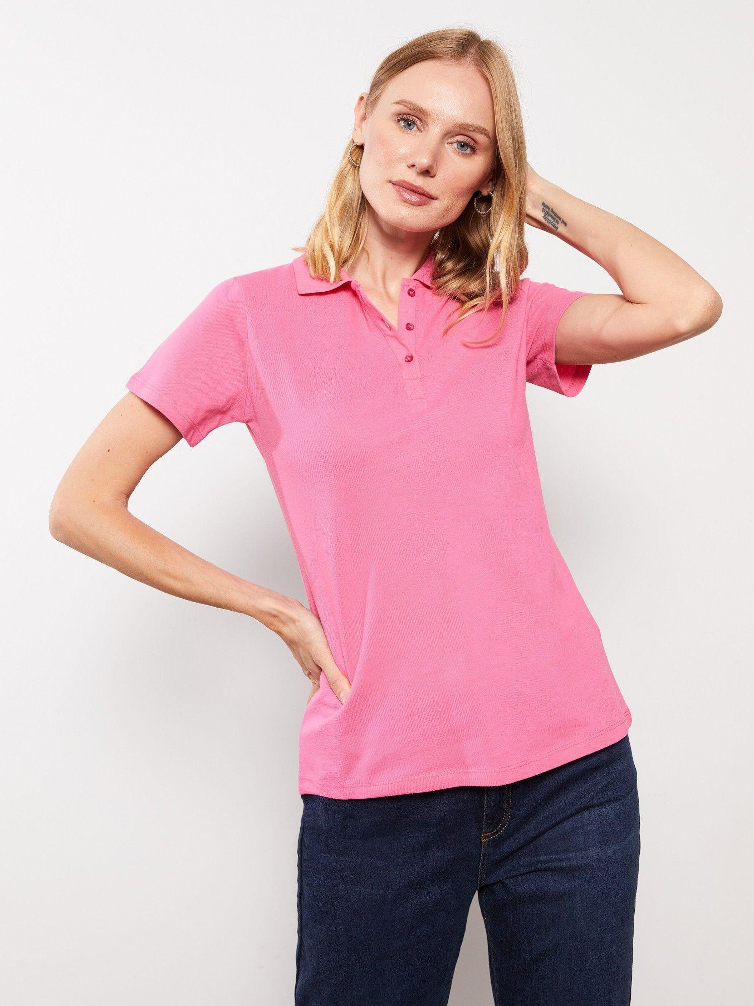 polo neck straight short sleeve cotton womens t-shirt