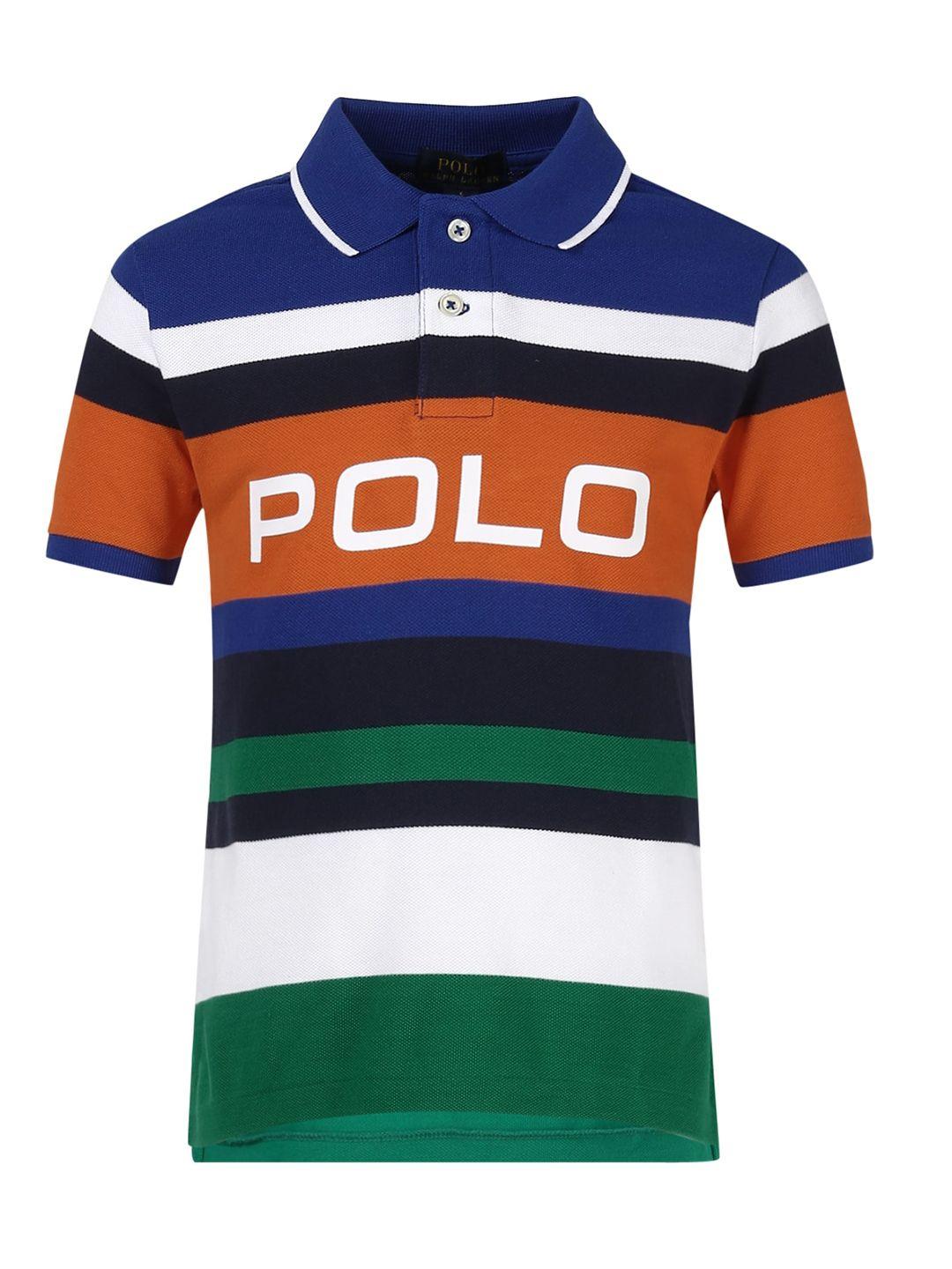 polo ralph lauren boys blue typography striped polo collar t-shirt