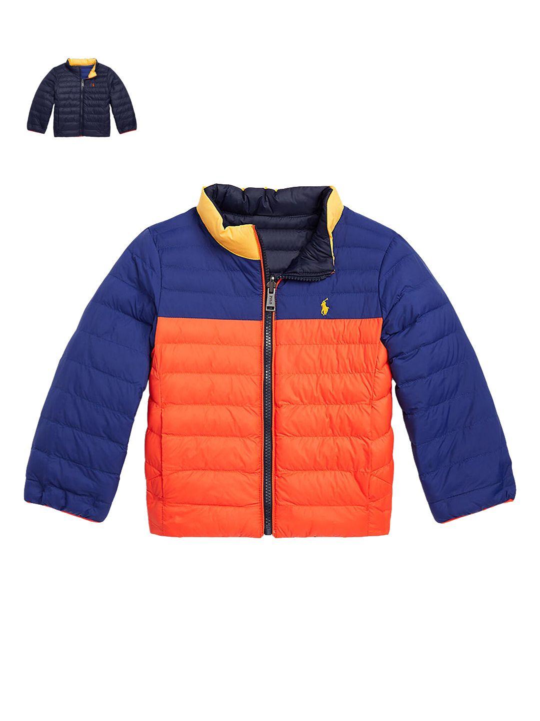 polo ralph lauren boys navy blue & orange colourblocked reversible puffer jacket
