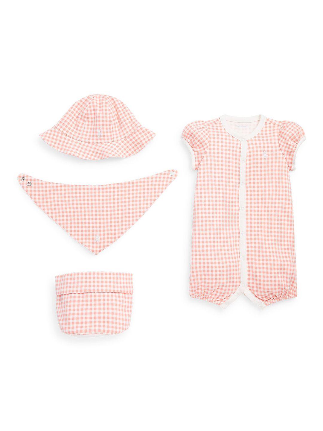 polo ralph lauren infant boys checked cotton rompers with cap & bib set